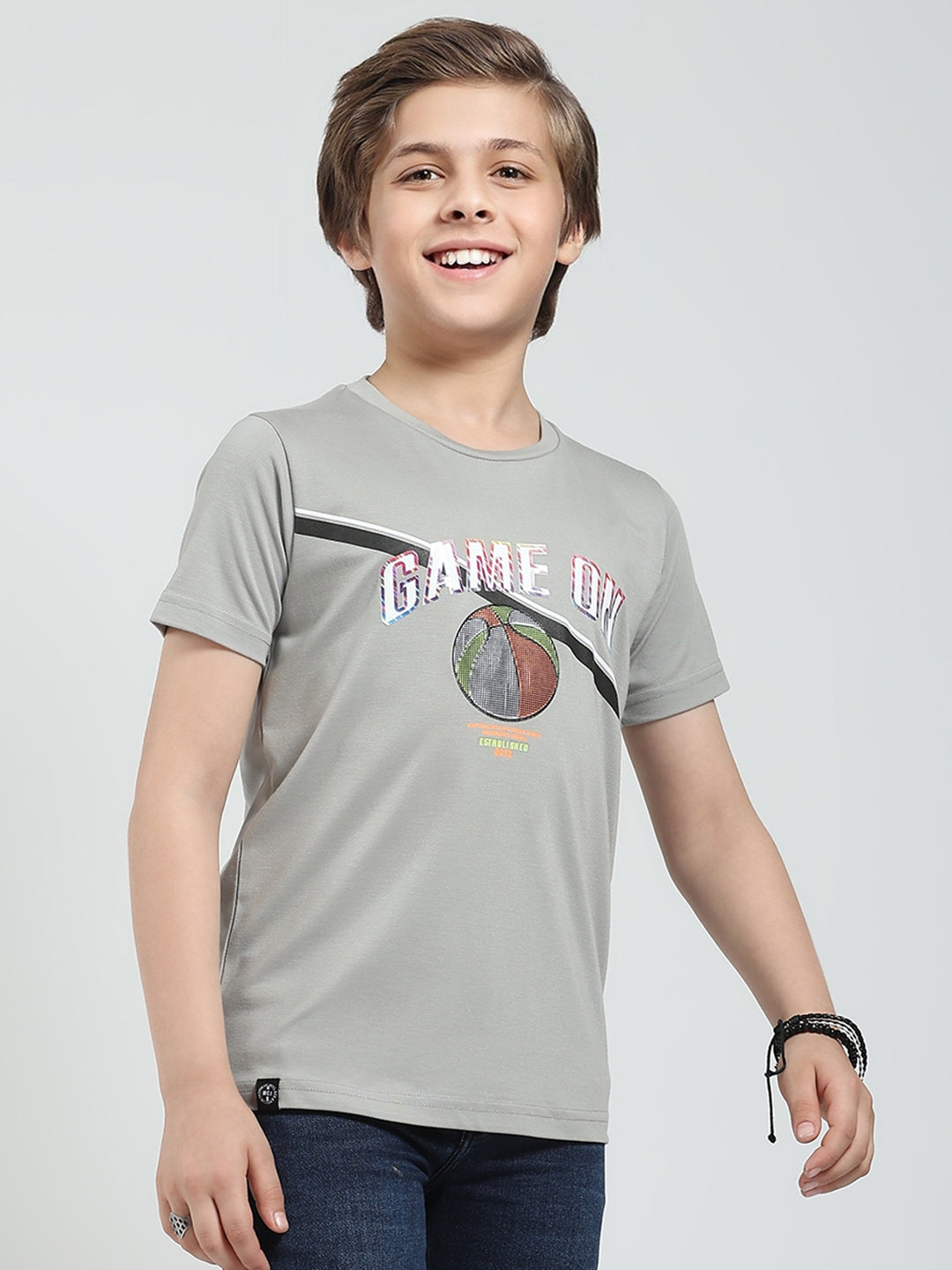 Boys Grey Printed Round Neck Half Sleeve T-Shirt