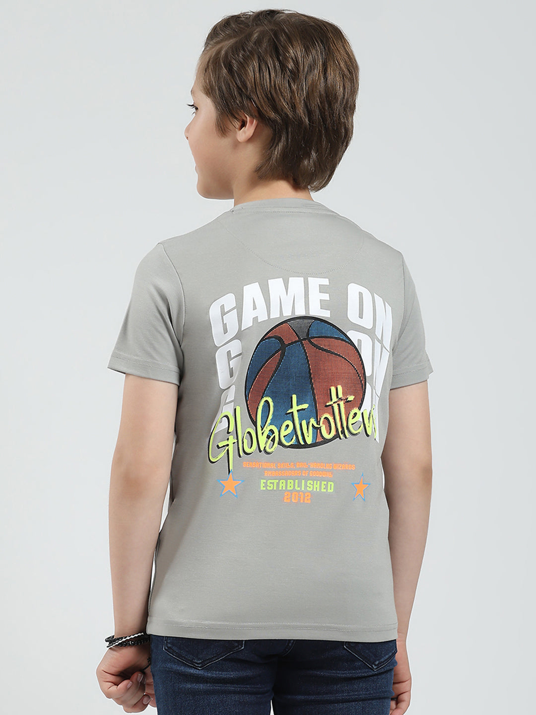 Boys Grey Printed Round Neck Half Sleeve T-Shirt