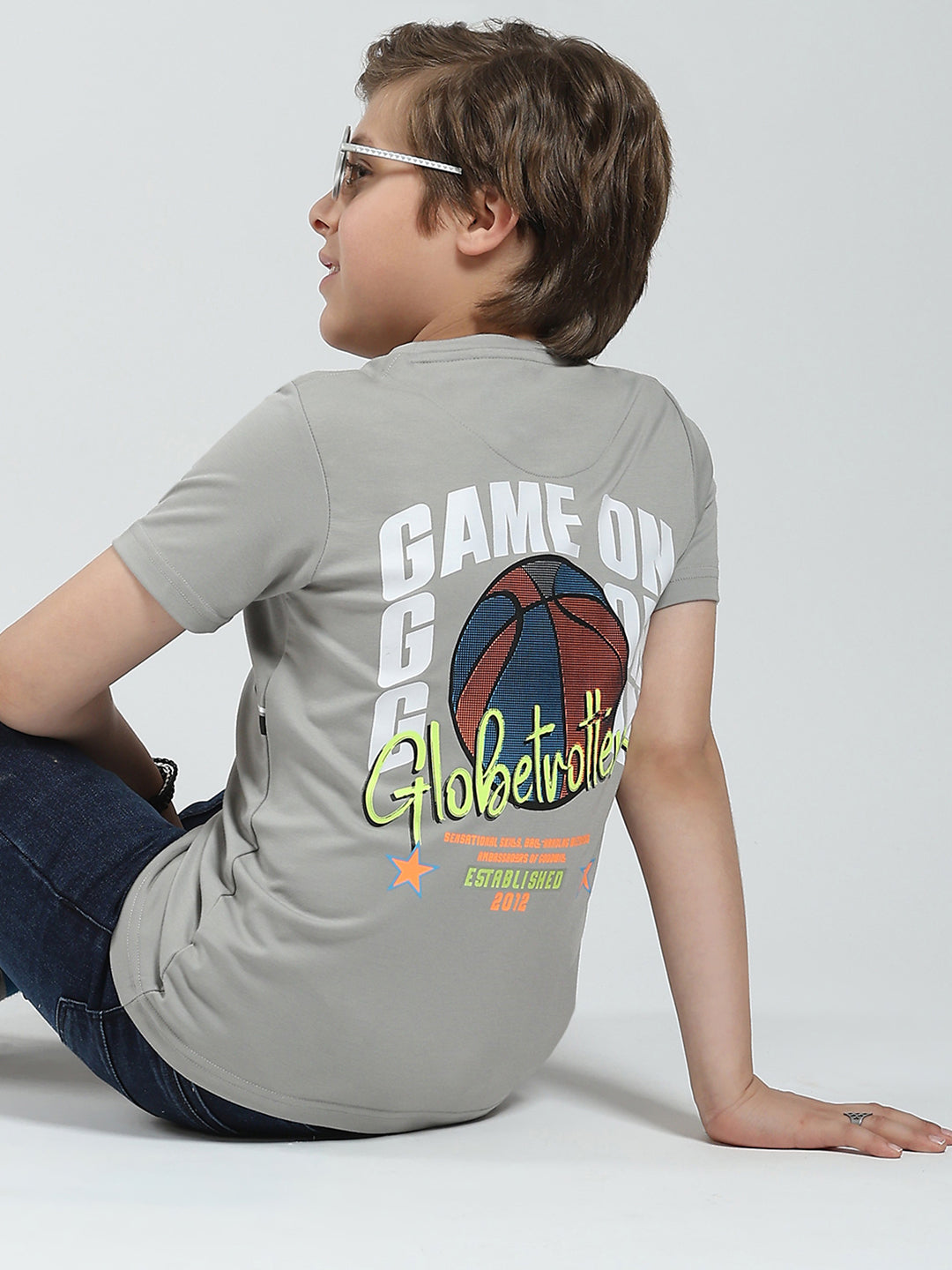 Boys Grey Printed Round Neck Half Sleeve T-Shirt