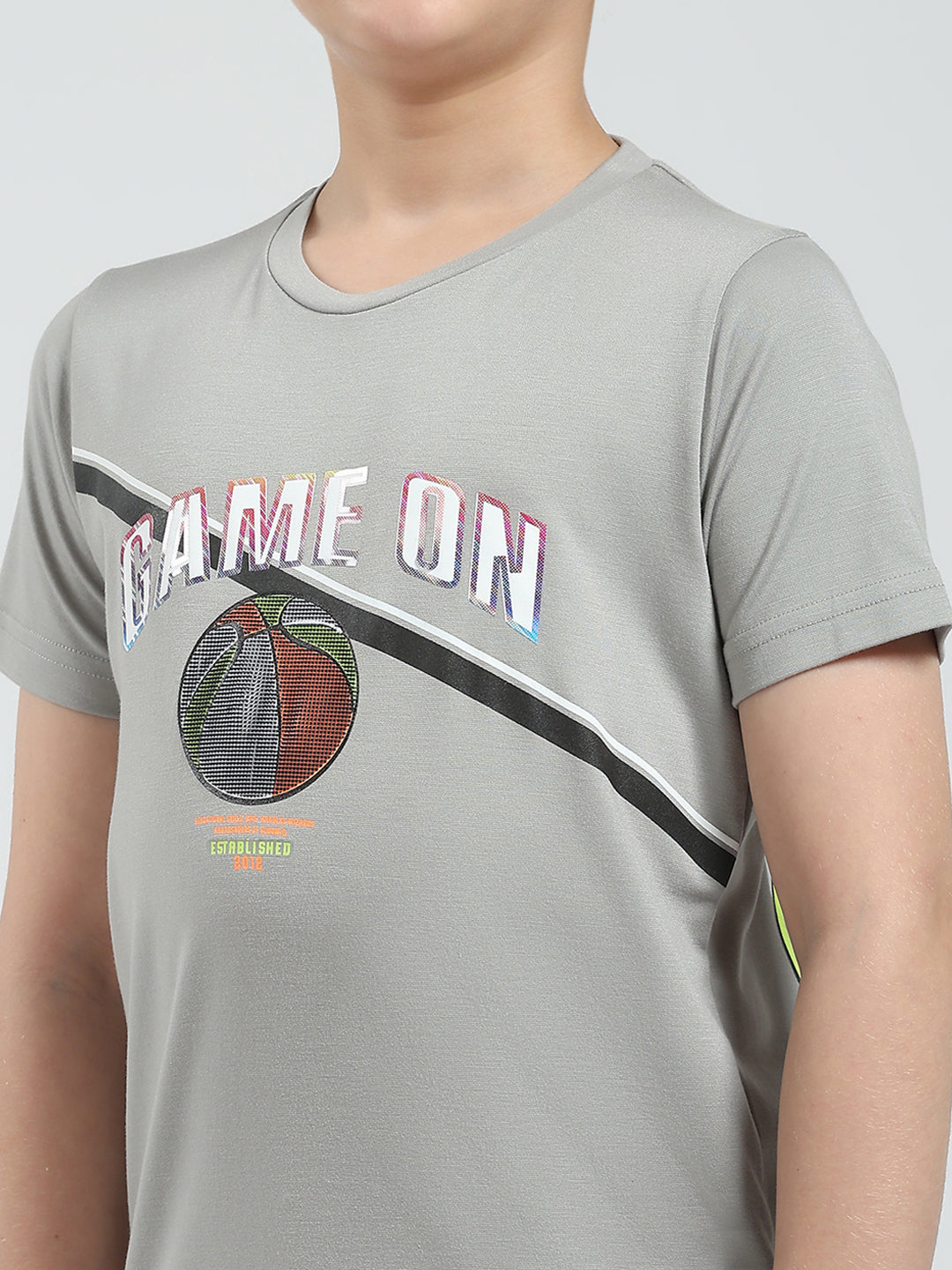 Boys Grey Printed Round Neck Half Sleeve T-Shirt