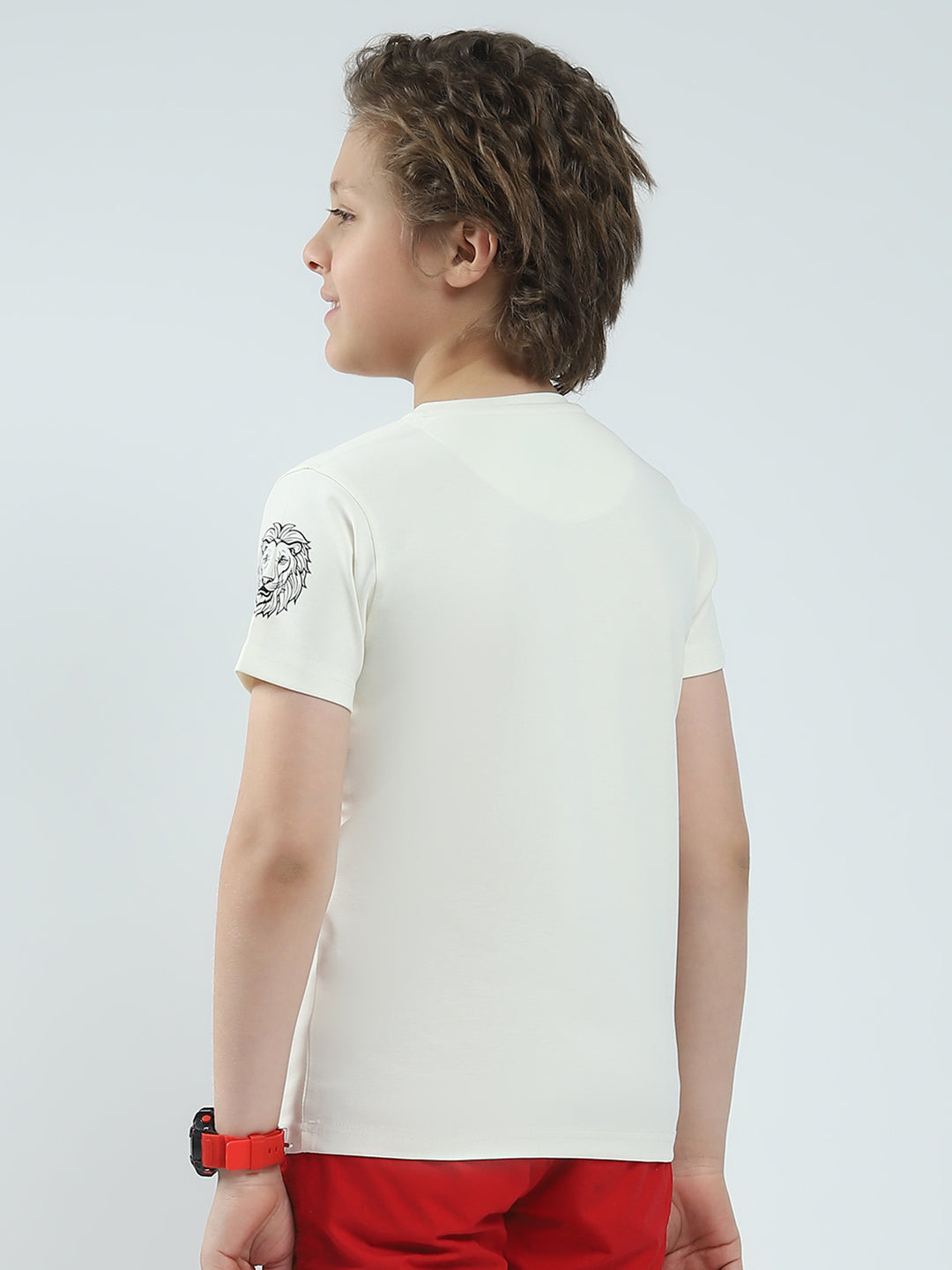 Boys White Printed Round Neck Half Sleeve T-Shirt
