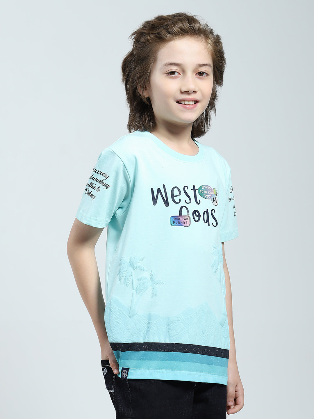 Boys Blue Printed Round Neck Half Sleeve T-Shirt