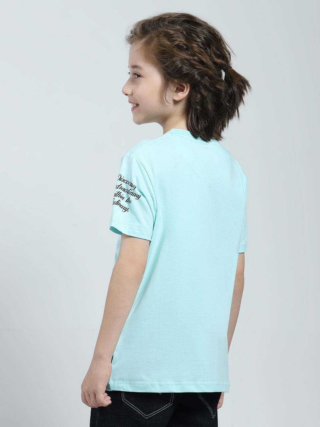 Boys Blue Printed Round Neck Half Sleeve T-Shirt