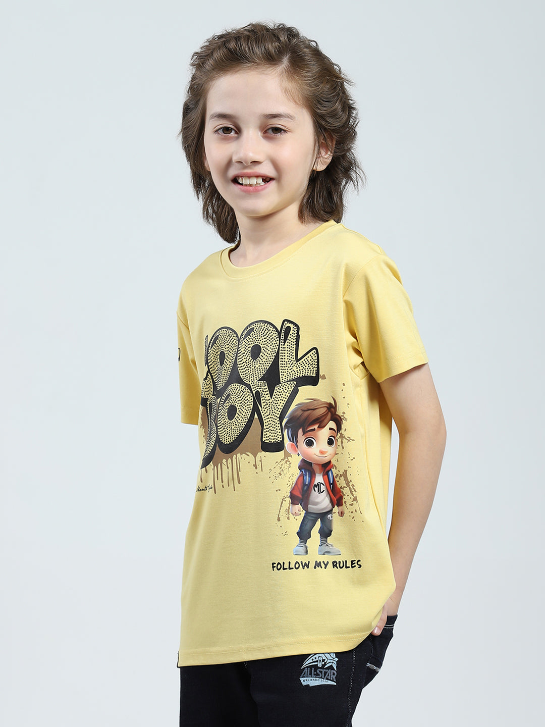 Boys Yellow Printed Round Neck Half Sleeve T-Shirt