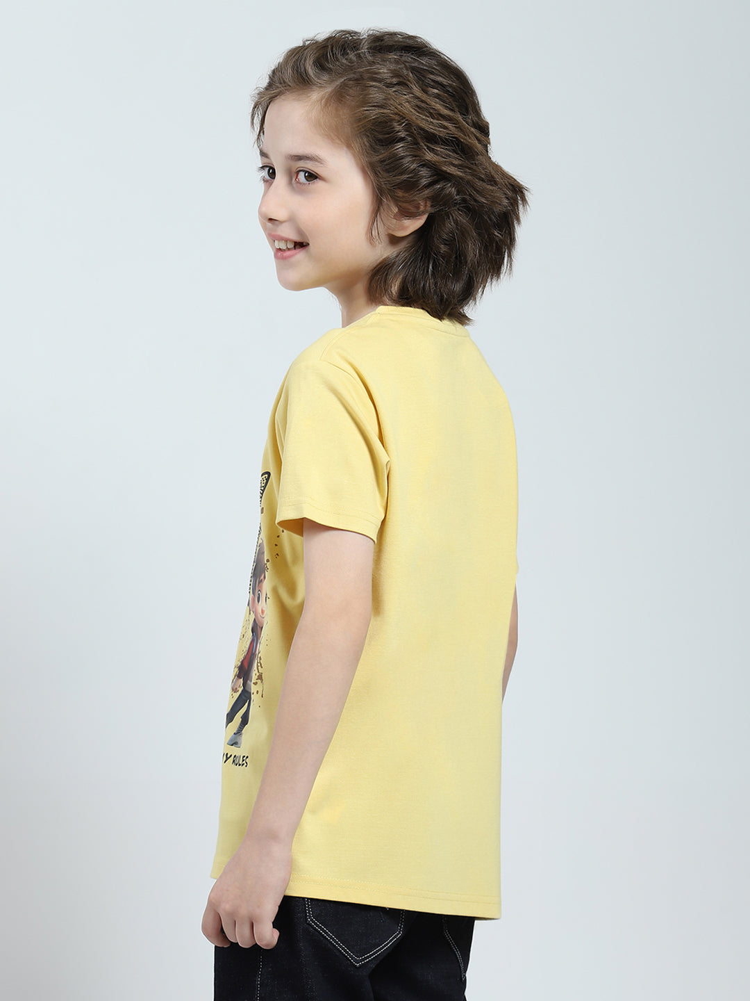 Boys Yellow Printed Round Neck Half Sleeve T-Shirt