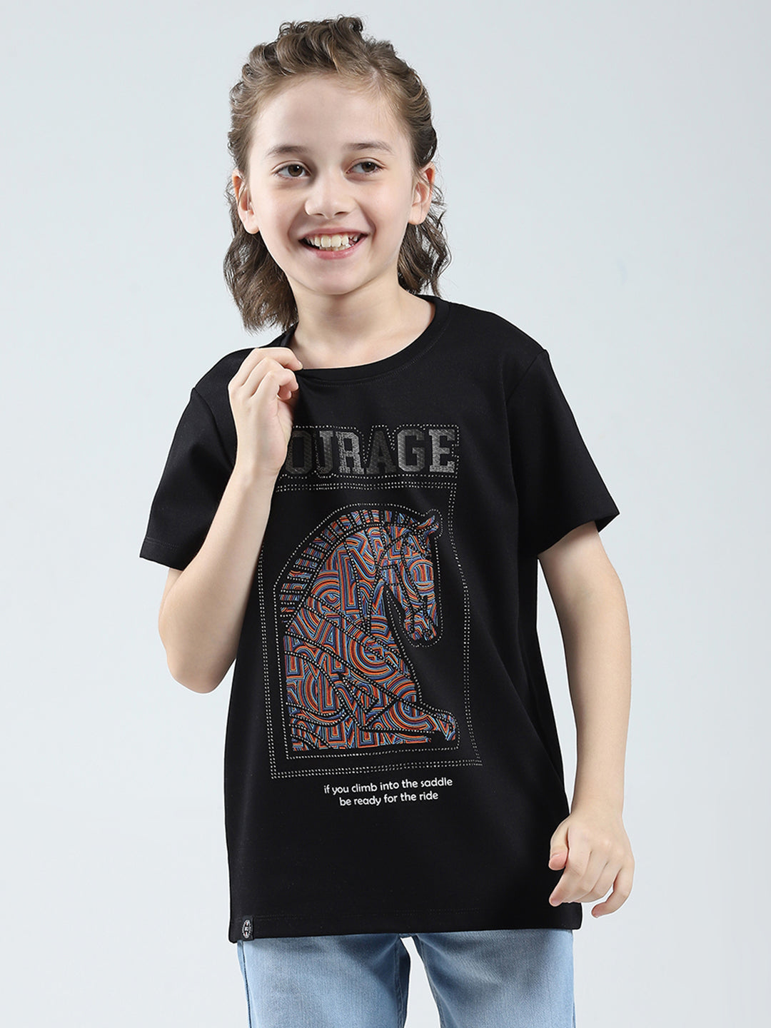 Boys Black Printed Round Neck Half Sleeve T-Shirt