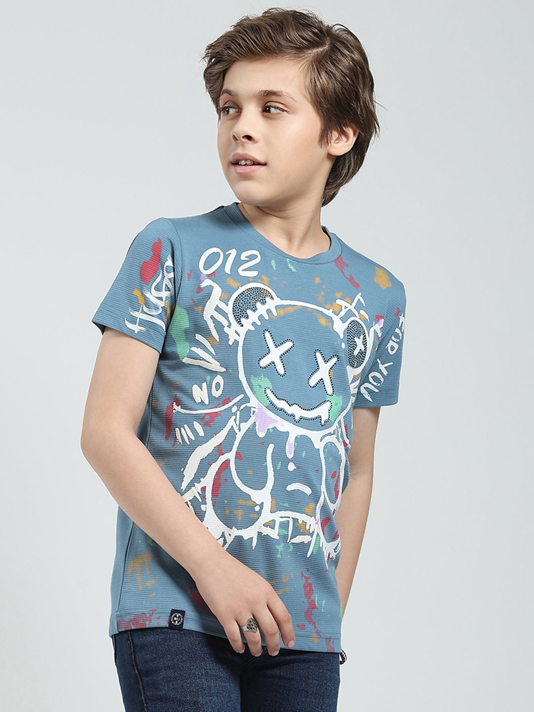 Boys Blue Printed Round Neck Half Sleeve T-Shirt