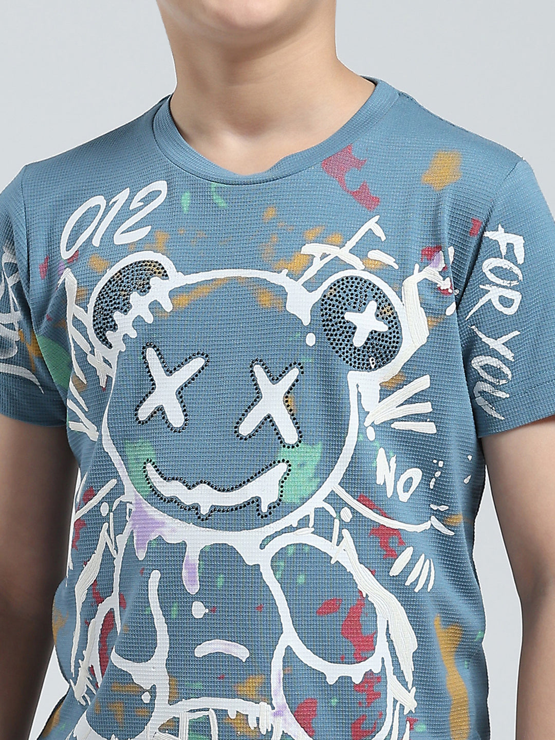 Boys Blue Printed Round Neck Half Sleeve T-Shirt