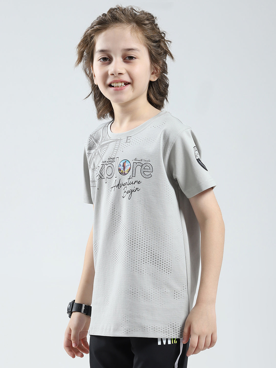 Boys Grey Printed Round Neck Half Sleeve T-Shirt