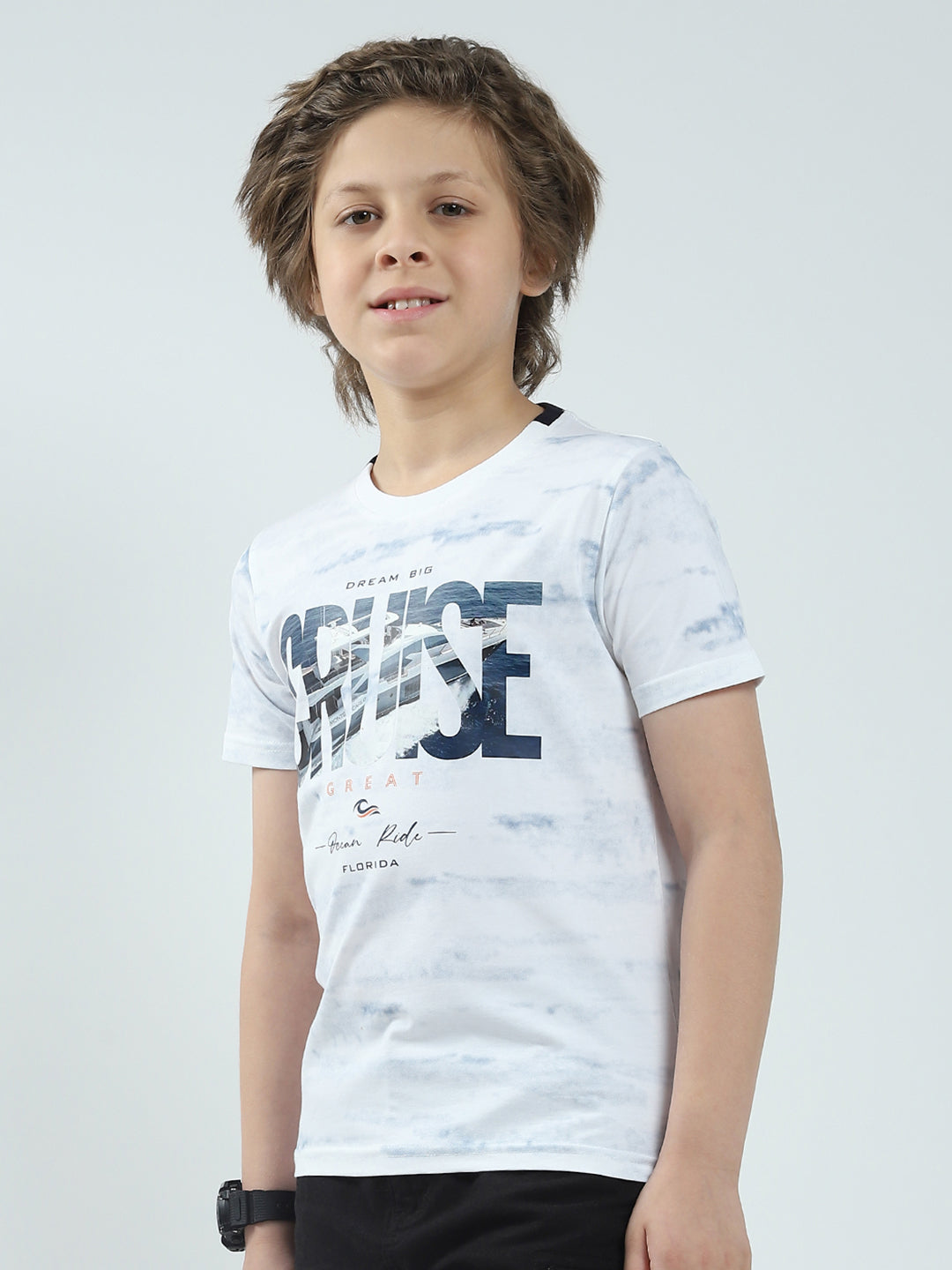 Boys White Printed Round Neck Half Sleeve T-Shirt