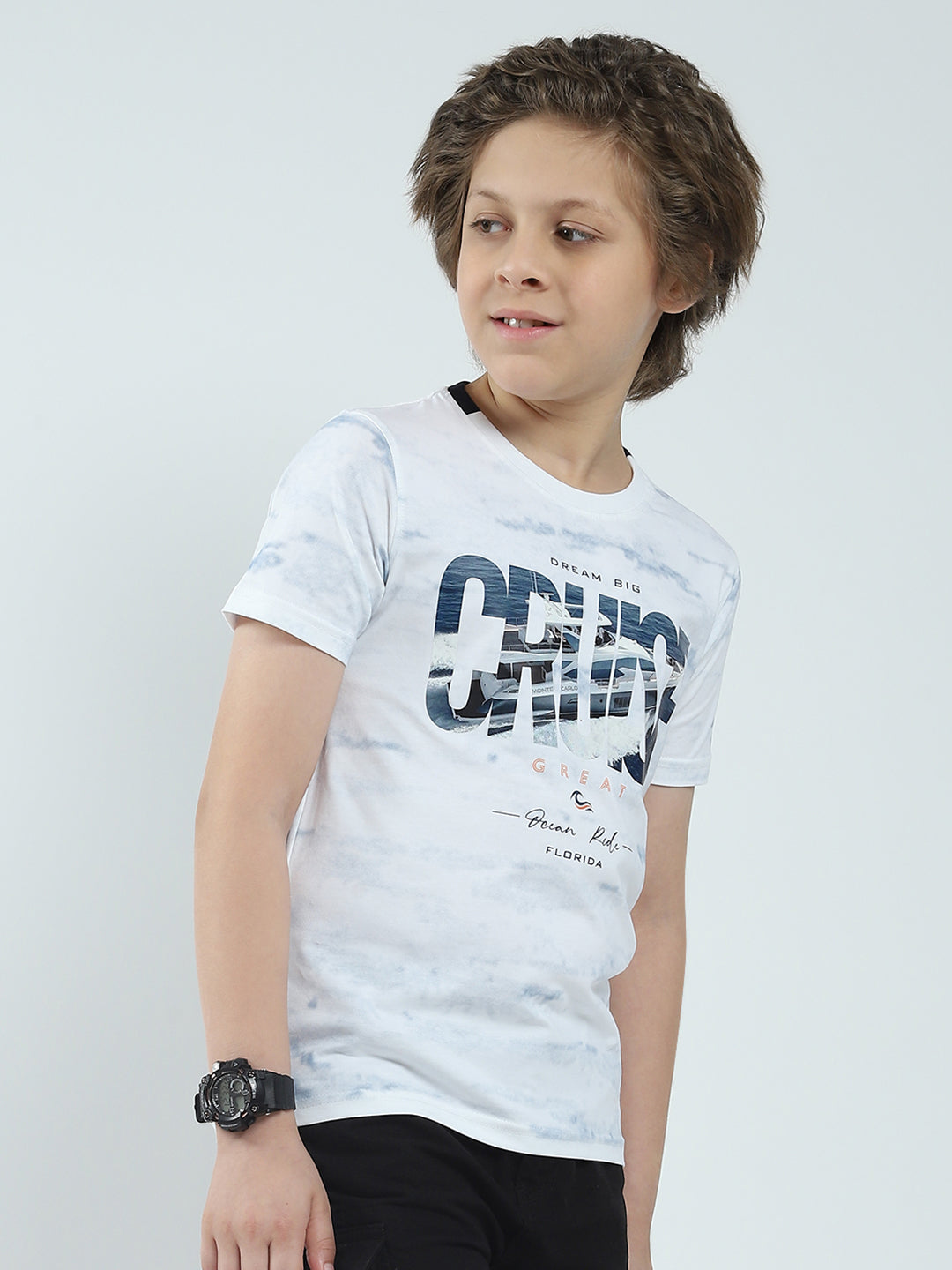 Boys White Printed Round Neck Half Sleeve T-Shirt