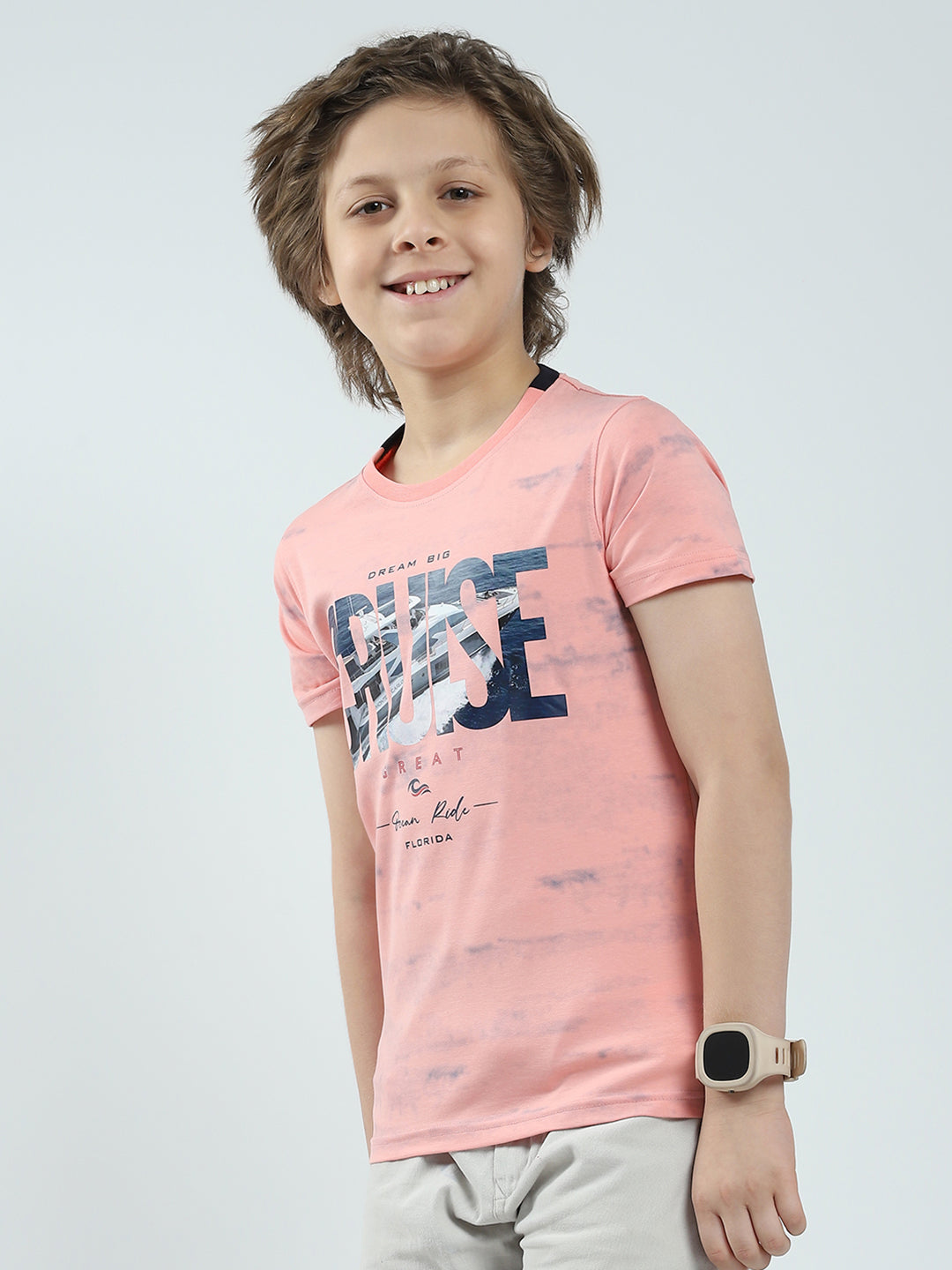 Boys Coral Printed Round Neck Half Sleeve T-Shirt