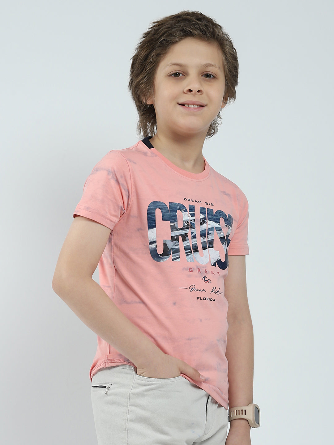 Boys Coral Printed Round Neck Half Sleeve T-Shirt