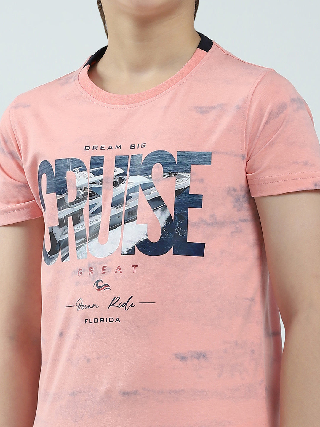 Boys Coral Printed Round Neck Half Sleeve T-Shirt