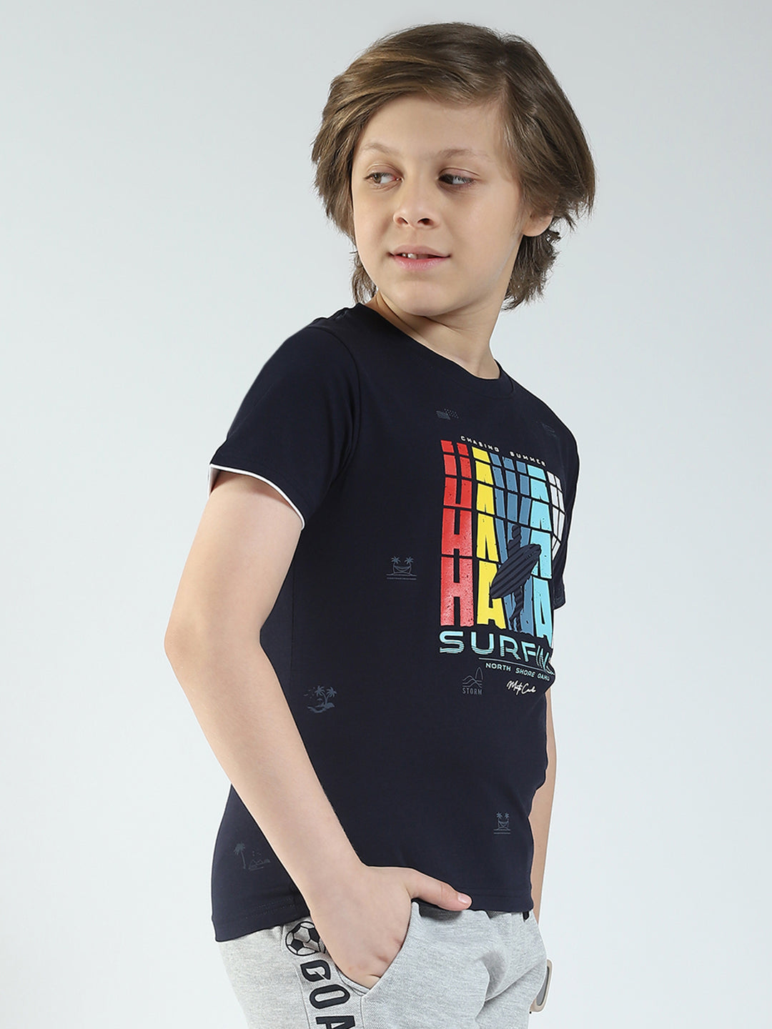 Boys Navy Blue Printed Round Neck Half Sleeve T-Shirt