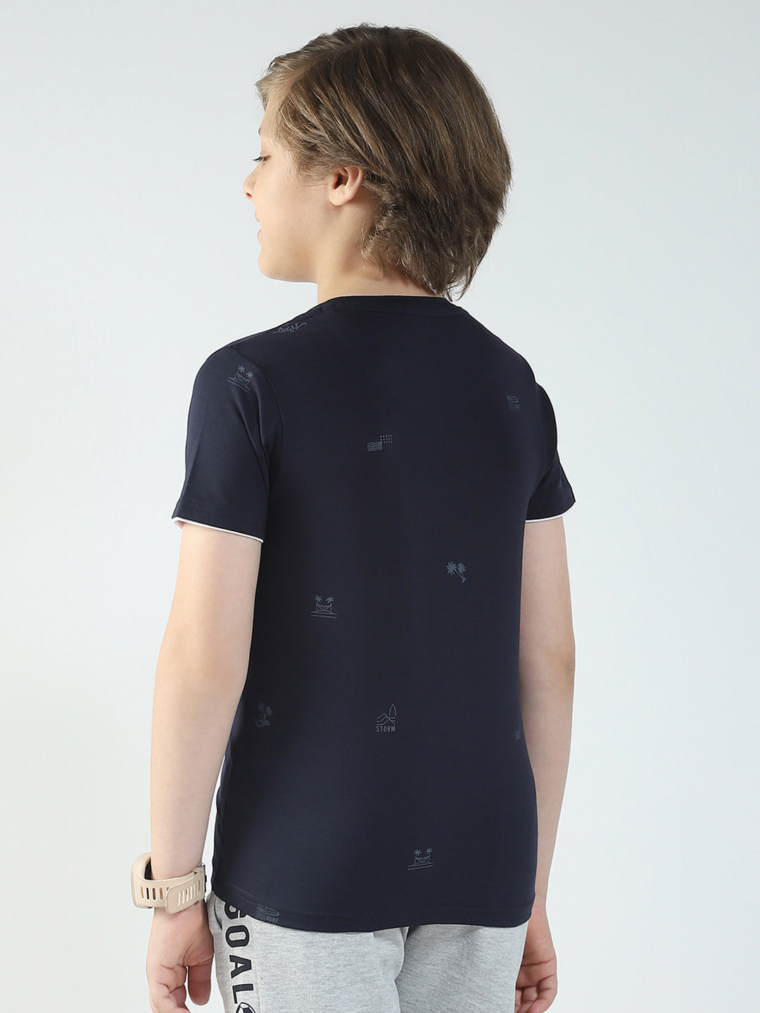 Boys Navy Blue Printed Round Neck Half Sleeve T-Shirt