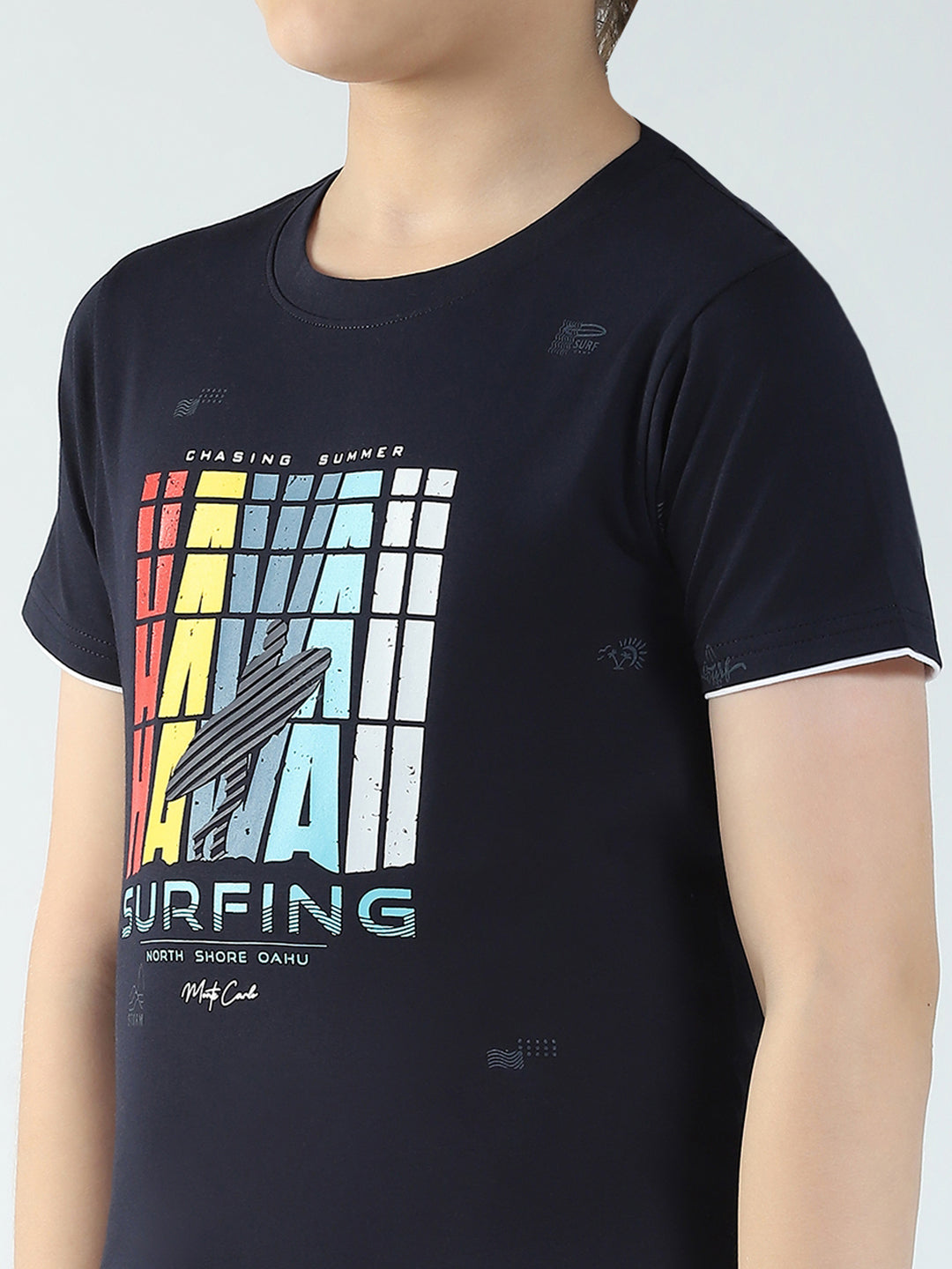 Boys Navy Blue Printed Round Neck Half Sleeve T-Shirt