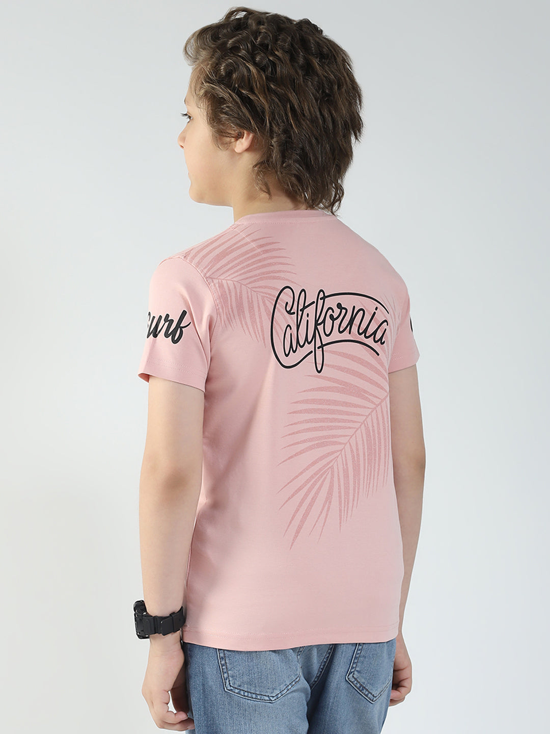 Boys Peach Printed Round Neck Half Sleeve T-Shirt