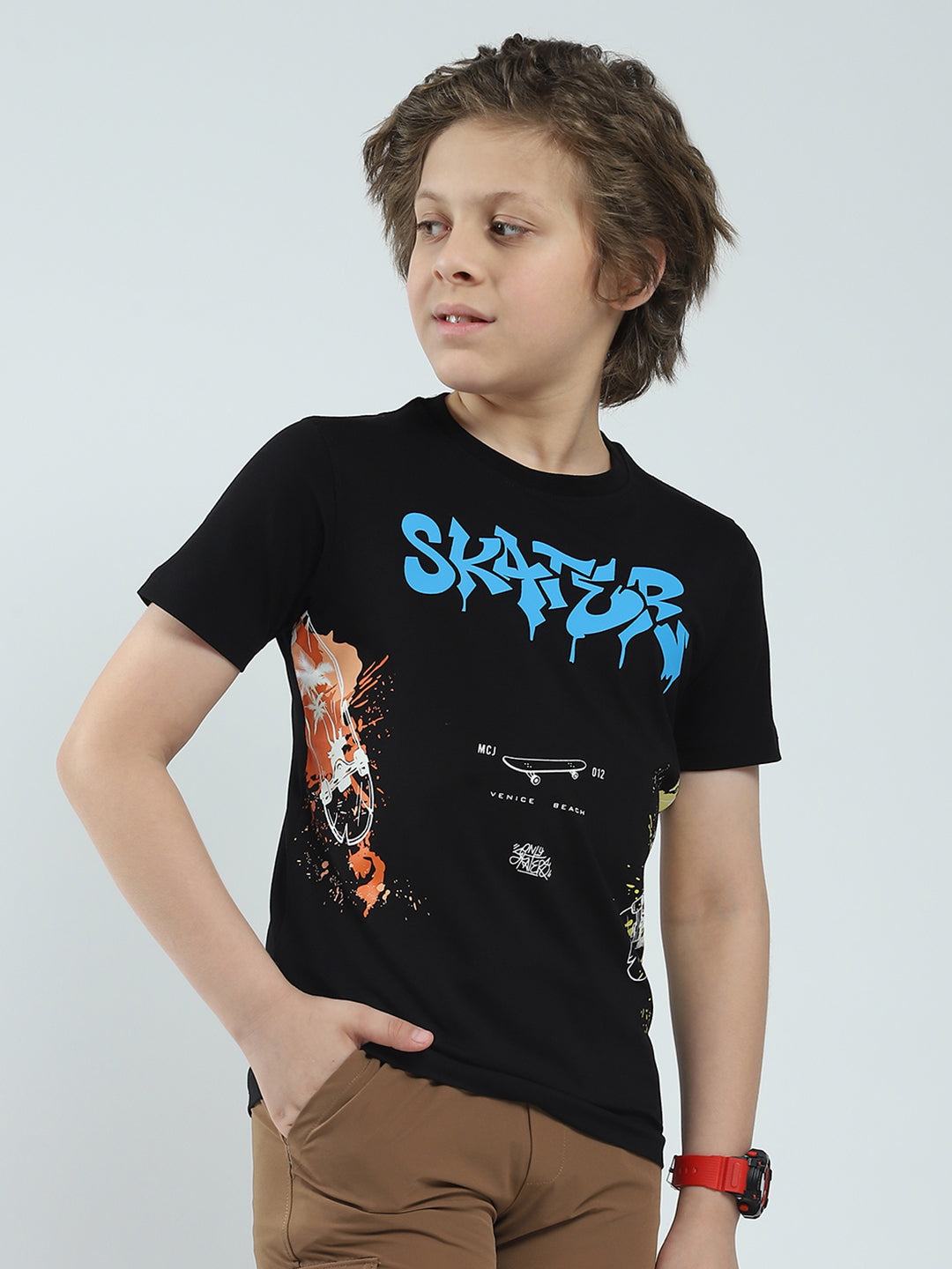 Boys Black Printed Round Neck Half Sleeve T-Shirt