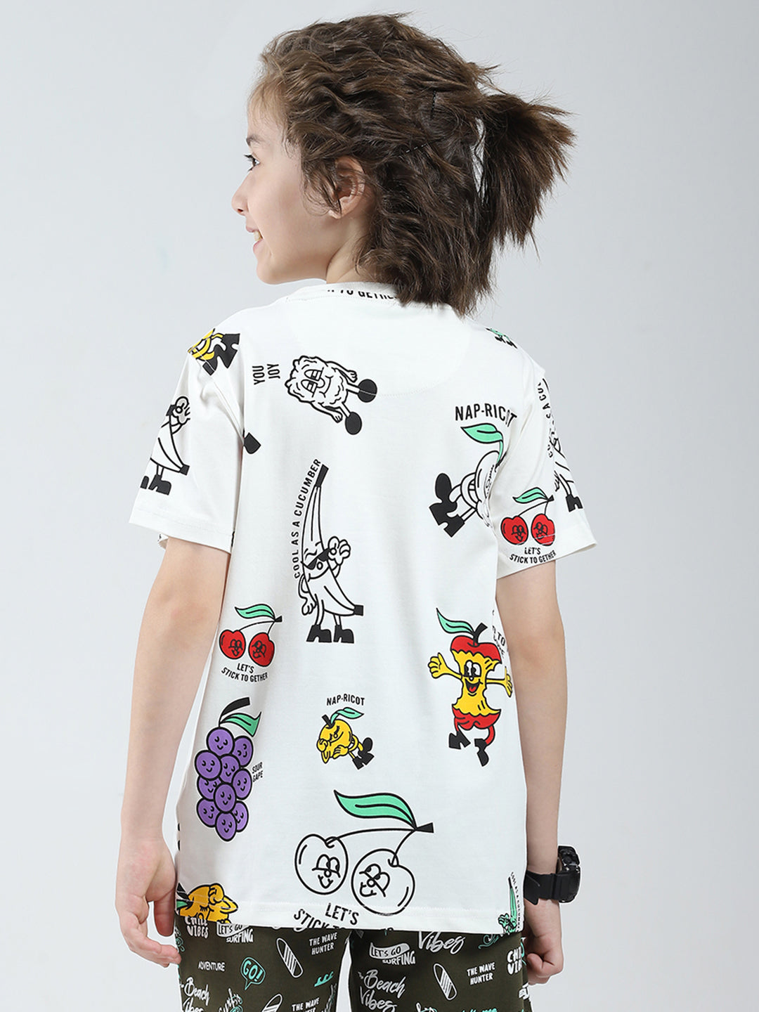 Boys White Printed Round Neck Half Sleeve T-Shirt