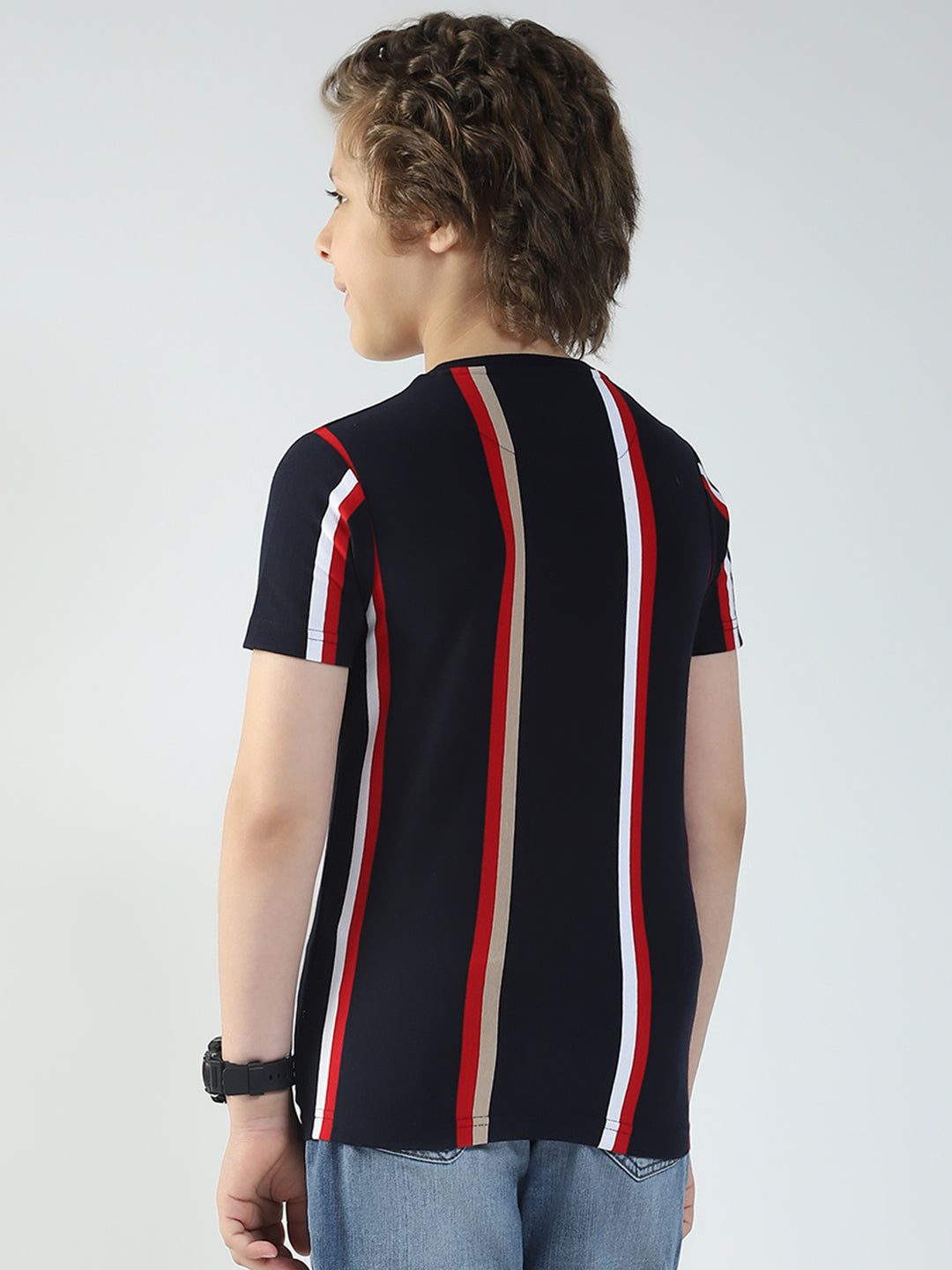 Boys Navy Blue Stripe Round Neck Half Sleeve T-Shirt