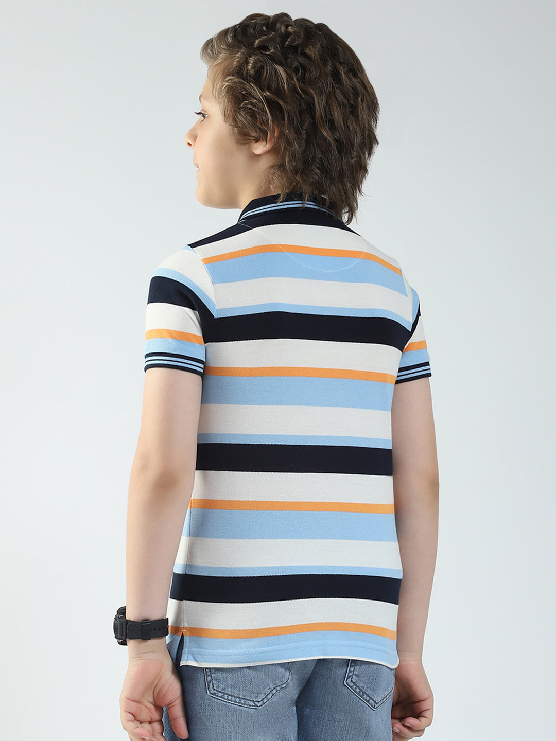 Boys Sky Blue Stripe Collar Half Sleeve T-Shirt