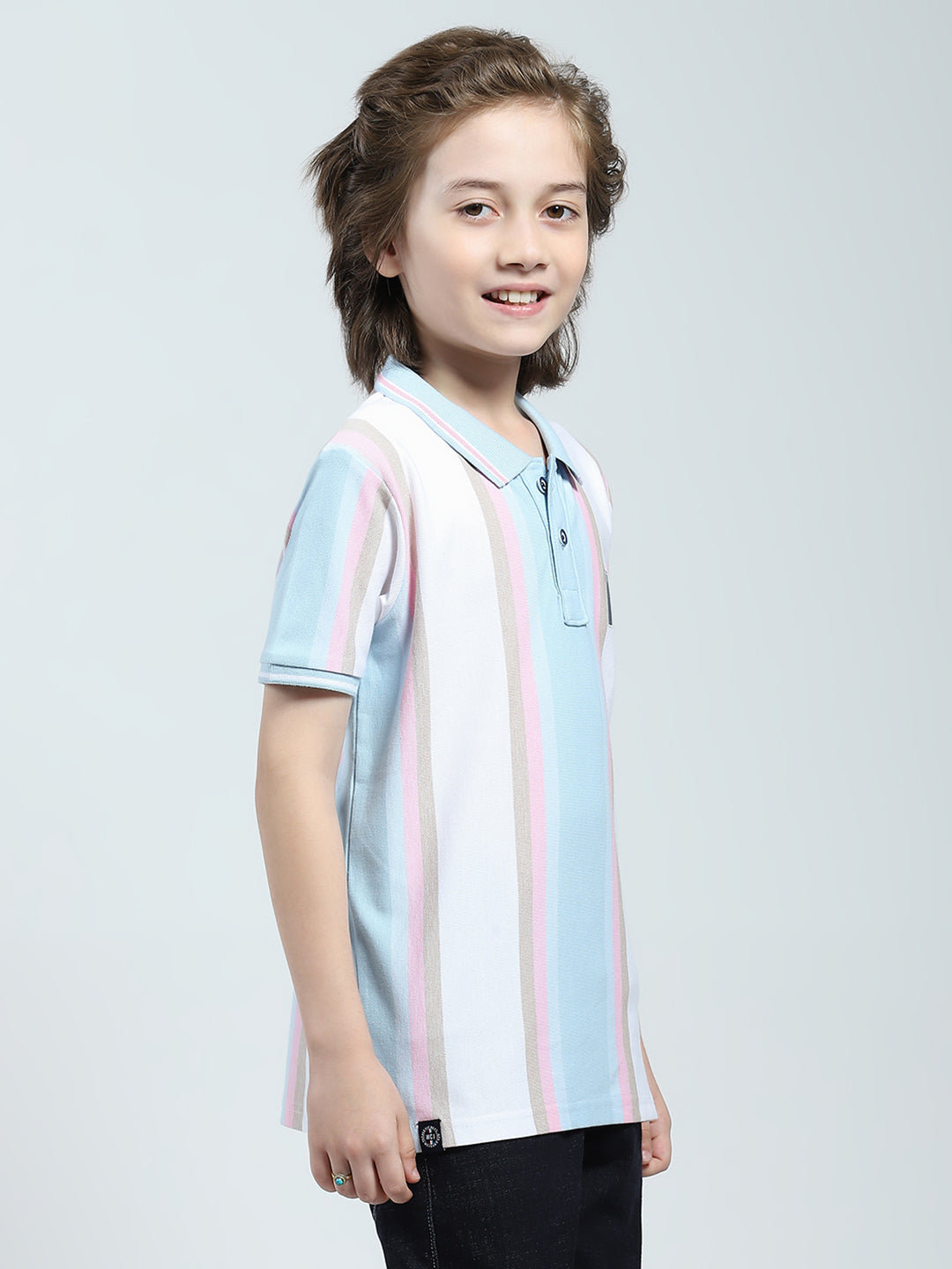 Boys Blue Stripe Collar Half Sleeve T-Shirt