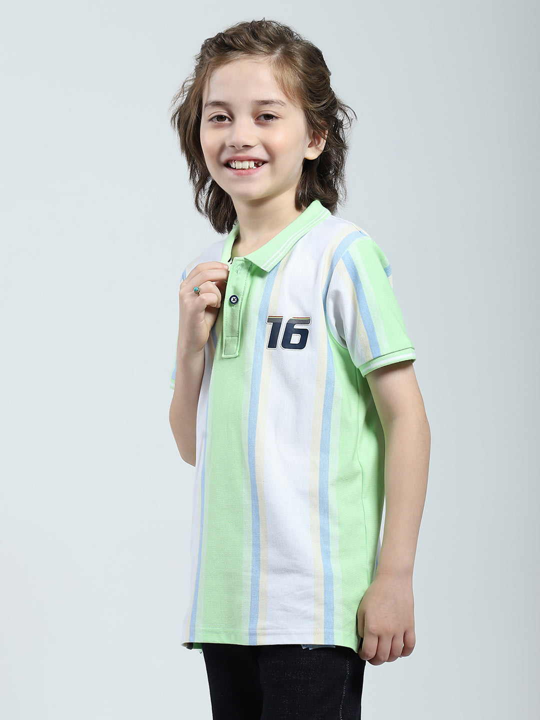 Boys Green Stripe Collar Half Sleeve T-Shirt