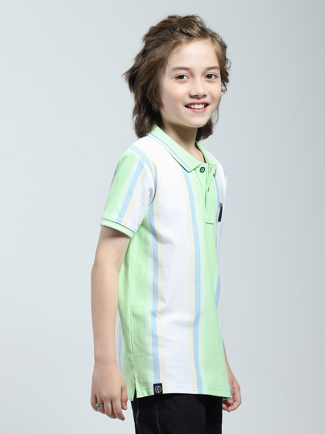 Boys Green Stripe Collar Half Sleeve T-Shirt