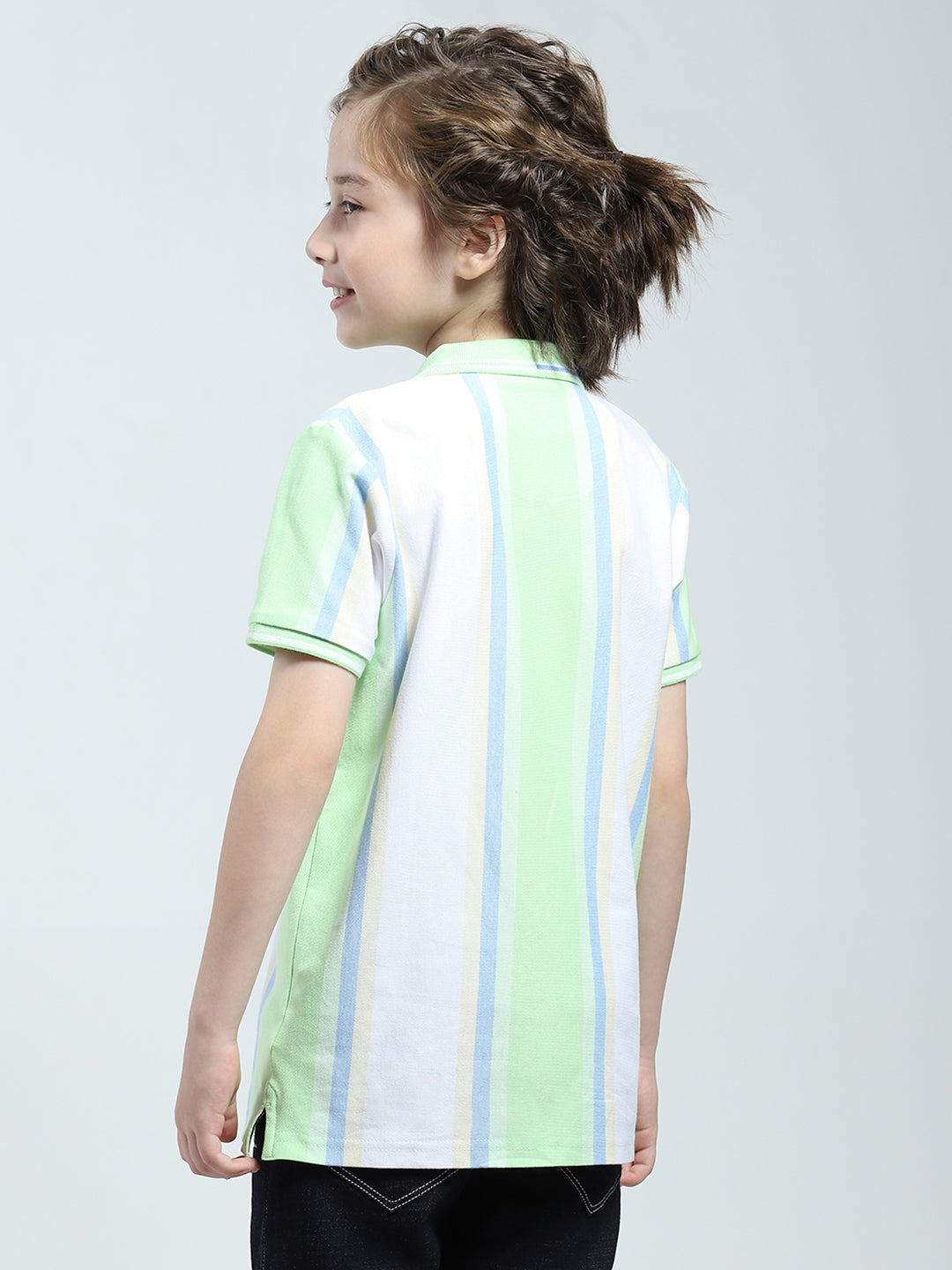 Boys Green Stripe Collar Half Sleeve T-Shirt