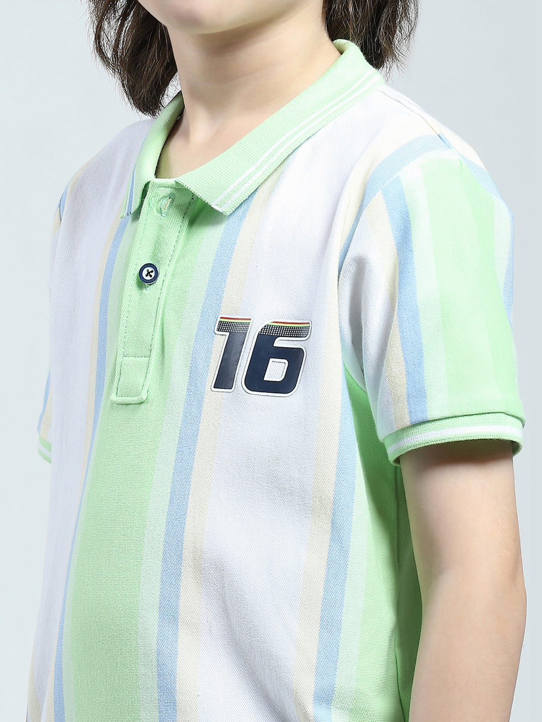 Boys Green Stripe Collar Half Sleeve T-Shirt
