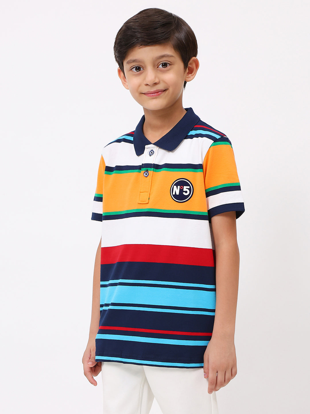 Boys Yellow & Blue Stripe Collar Half Sleeve T-Shirt