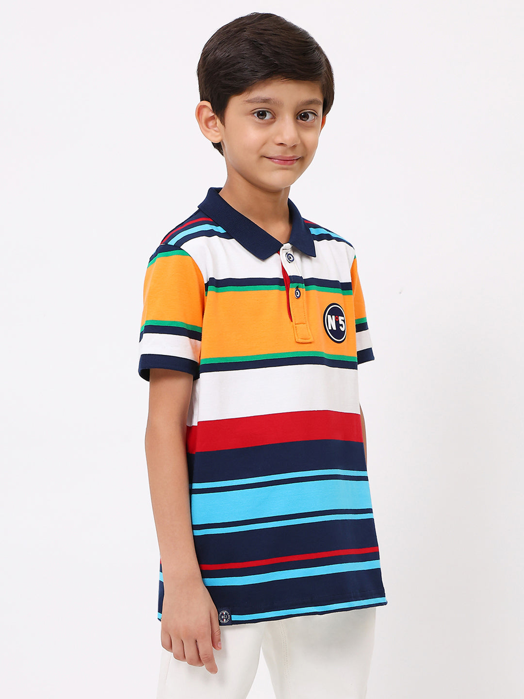 Boys Yellow & Blue Stripe Collar Half Sleeve T-Shirt