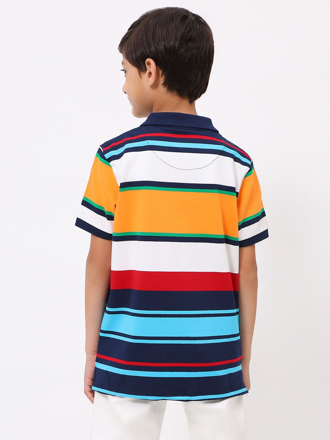Boys Yellow & Blue Stripe Collar Half Sleeve T-Shirt