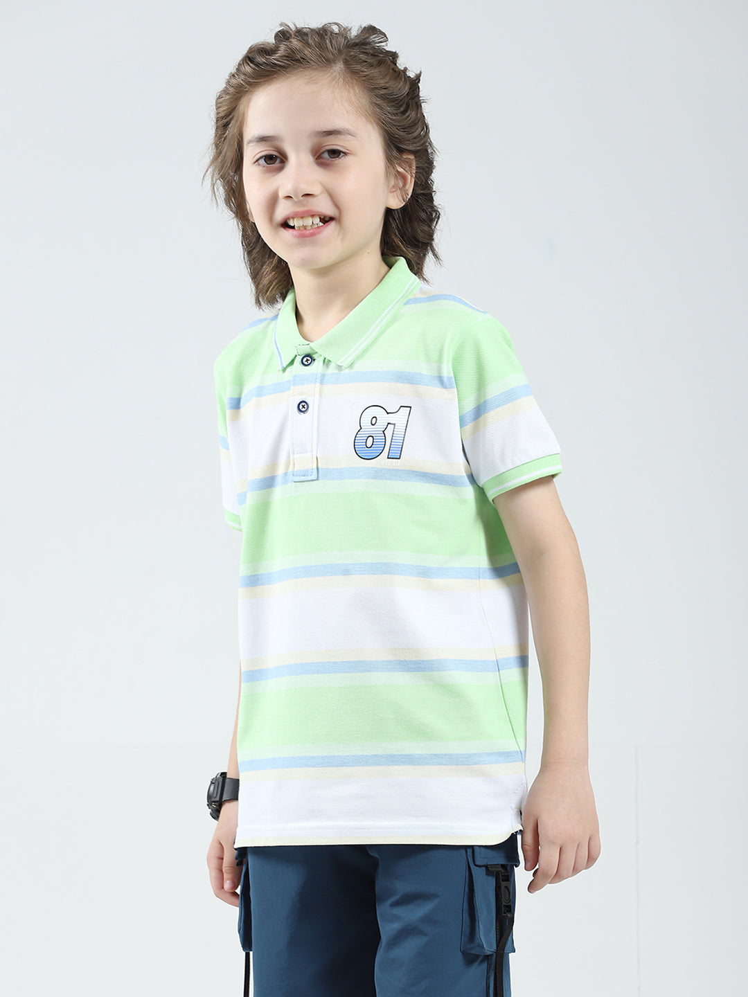 Boys Green Stripe Collar Half Sleeve T-Shirt