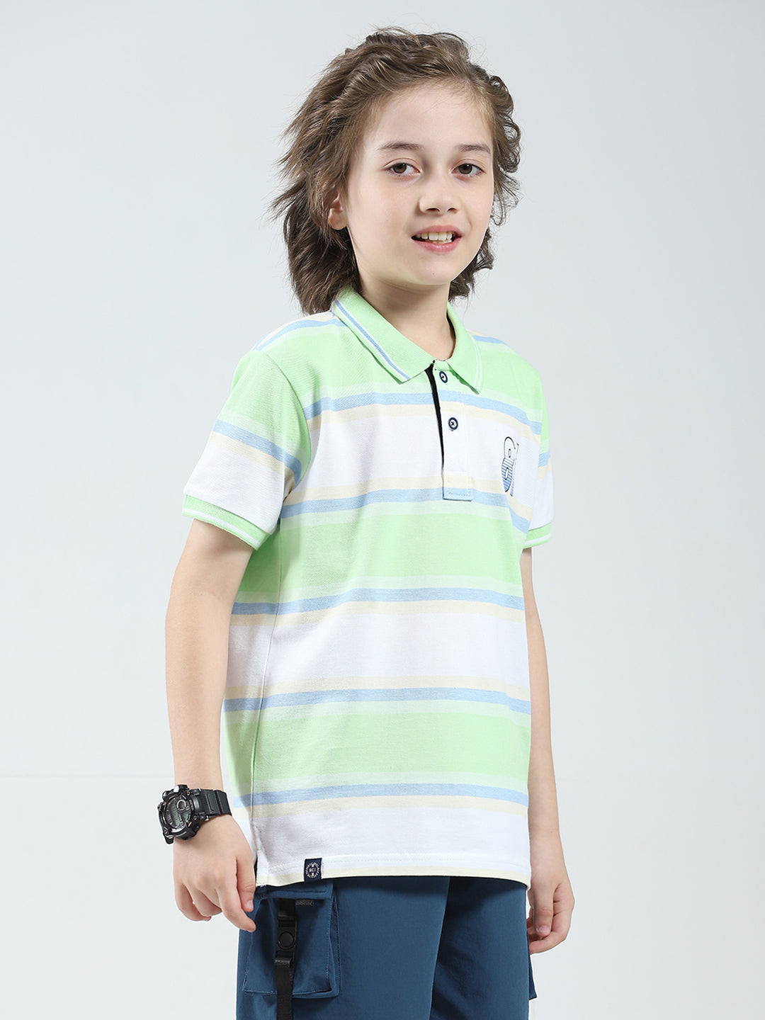 Boys Green Stripe Collar Half Sleeve T-Shirt