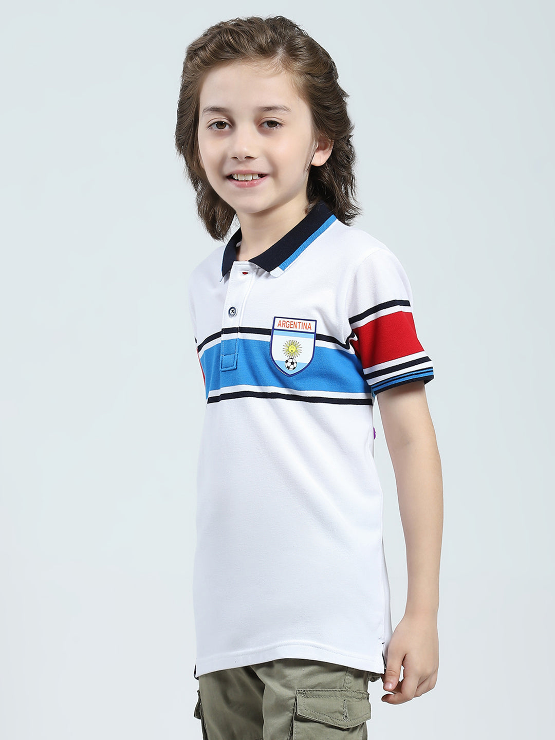 Boys White Stripe Collar Half Sleeve T-Shirt