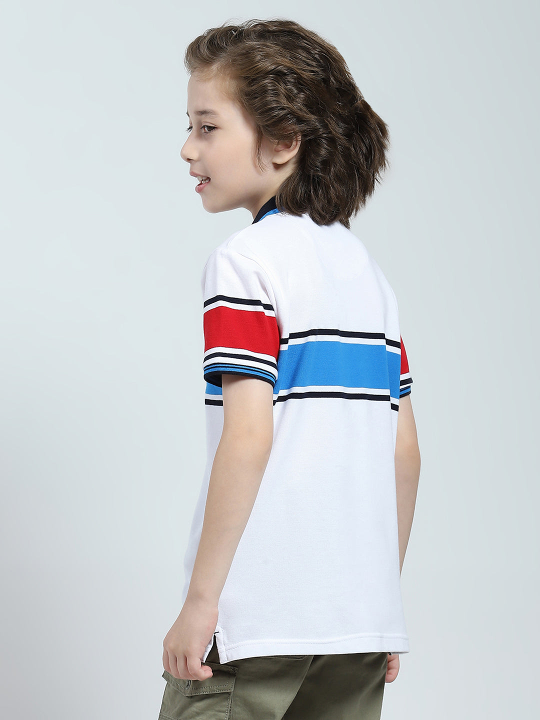 Boys White Stripe Collar Half Sleeve T-Shirt