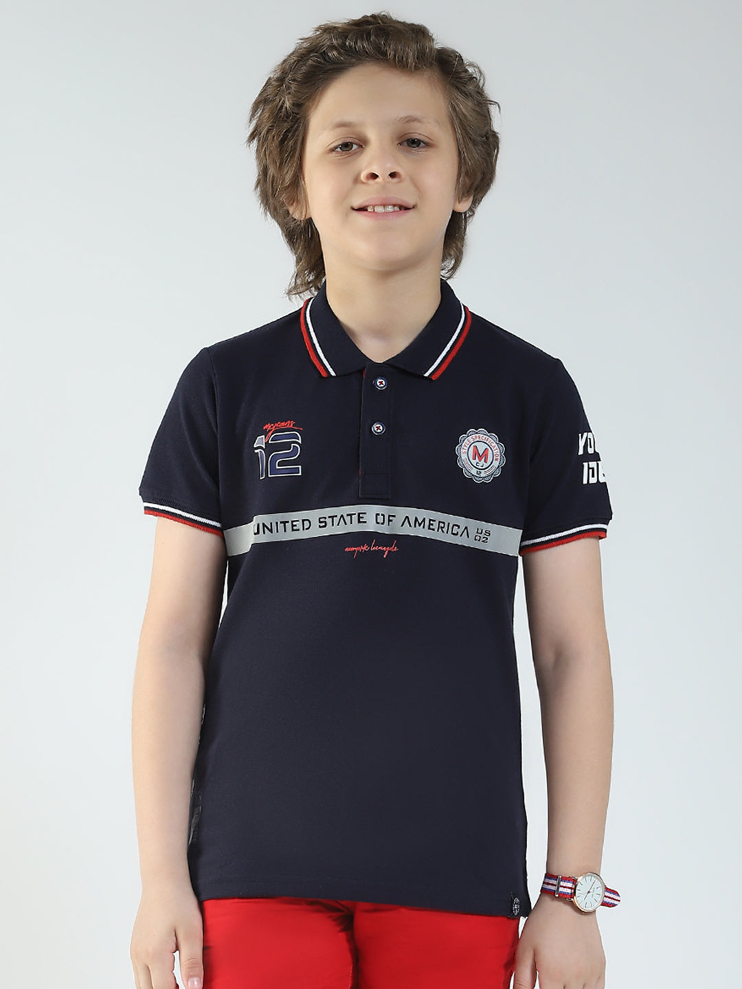 Boys Navy Blue Printed Collar Half Sleeve T-Shirt