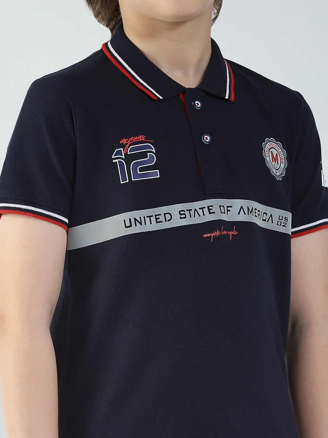 Boys Navy Blue Printed Collar Half Sleeve T-Shirt
