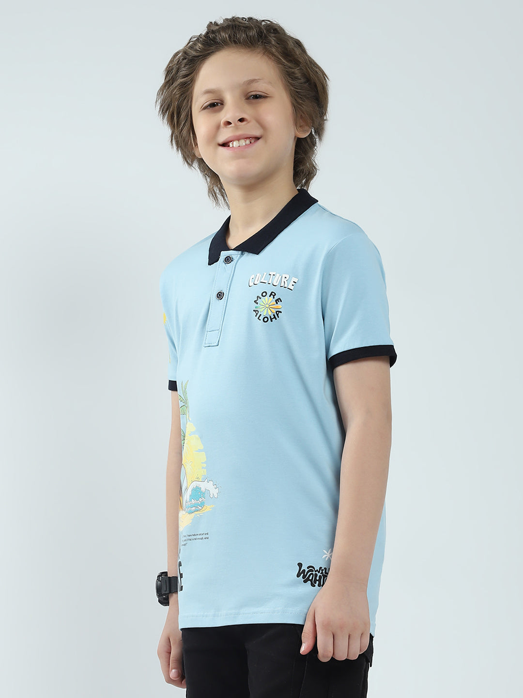 Boys Blue Printed Collar Half Sleeve T-Shirt