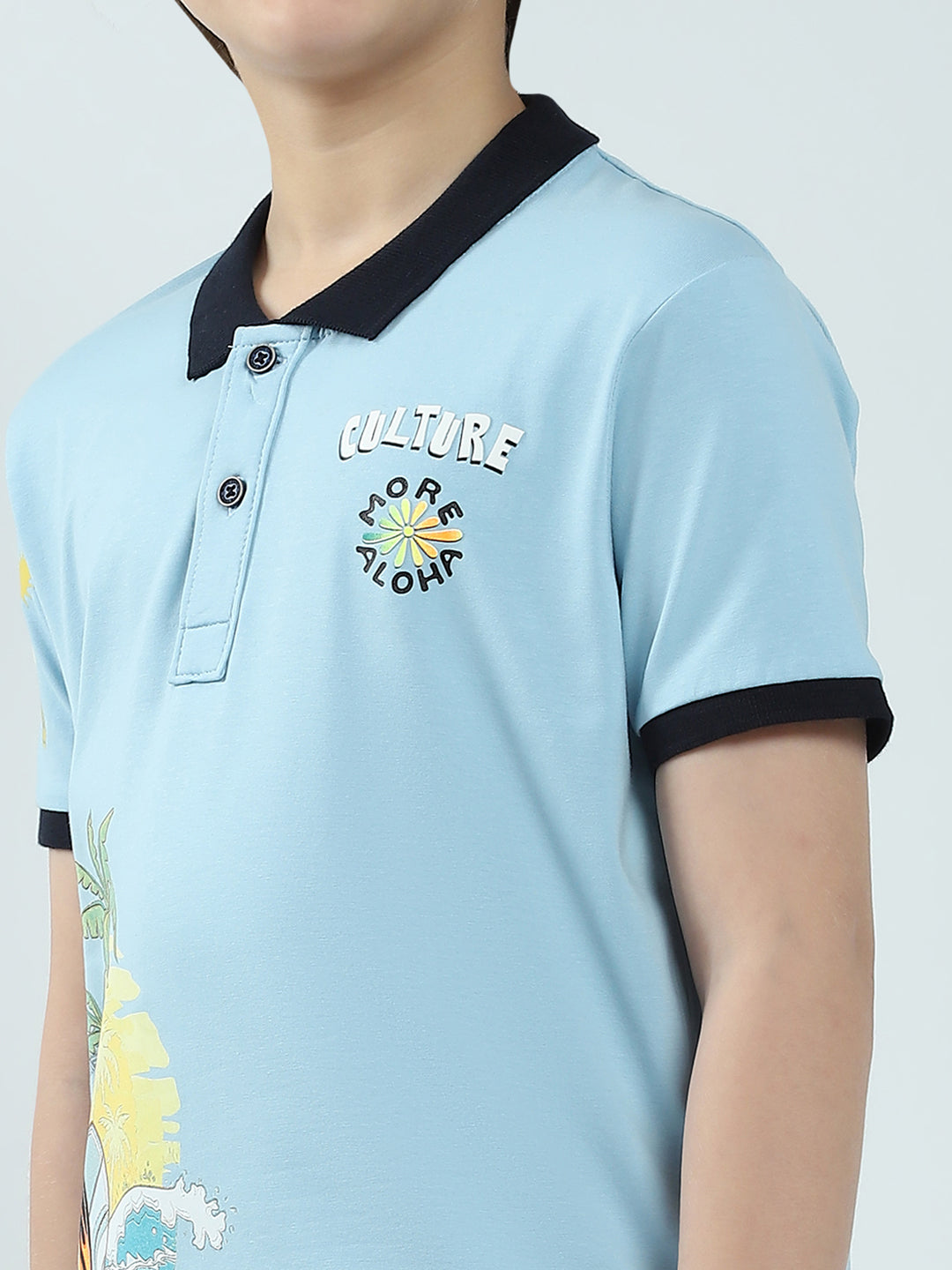 Boys Blue Printed Collar Half Sleeve T-Shirt