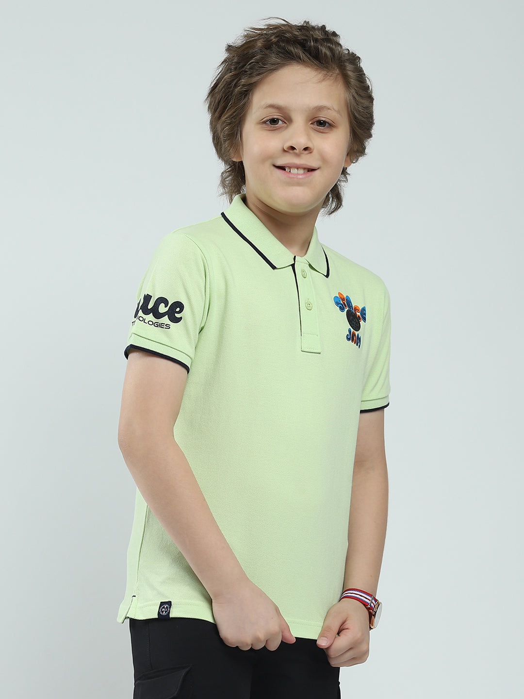 Boys Green Printed Collar Half Sleeve T-Shirt
