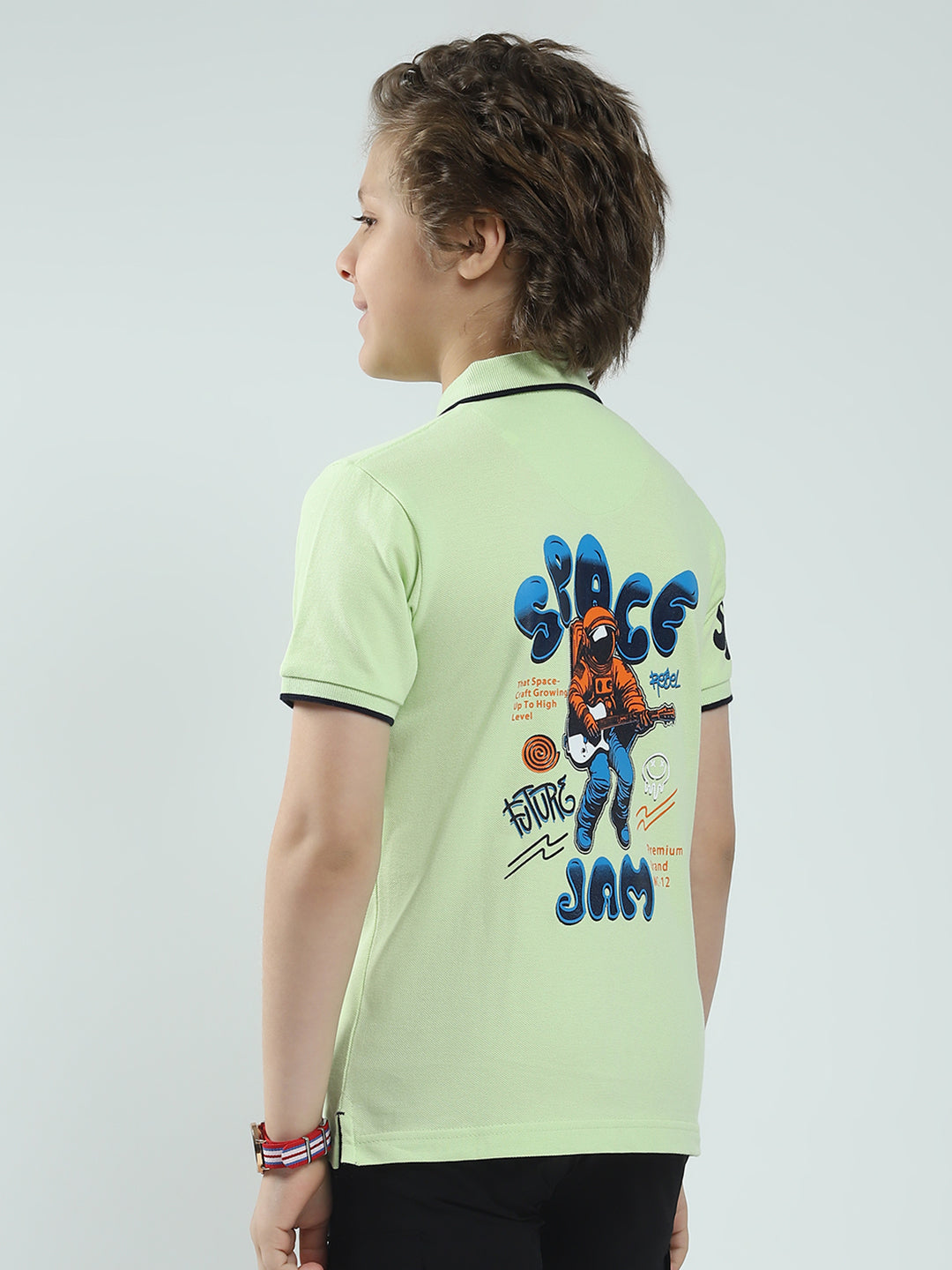 Boys Green Printed Collar Half Sleeve T-Shirt
