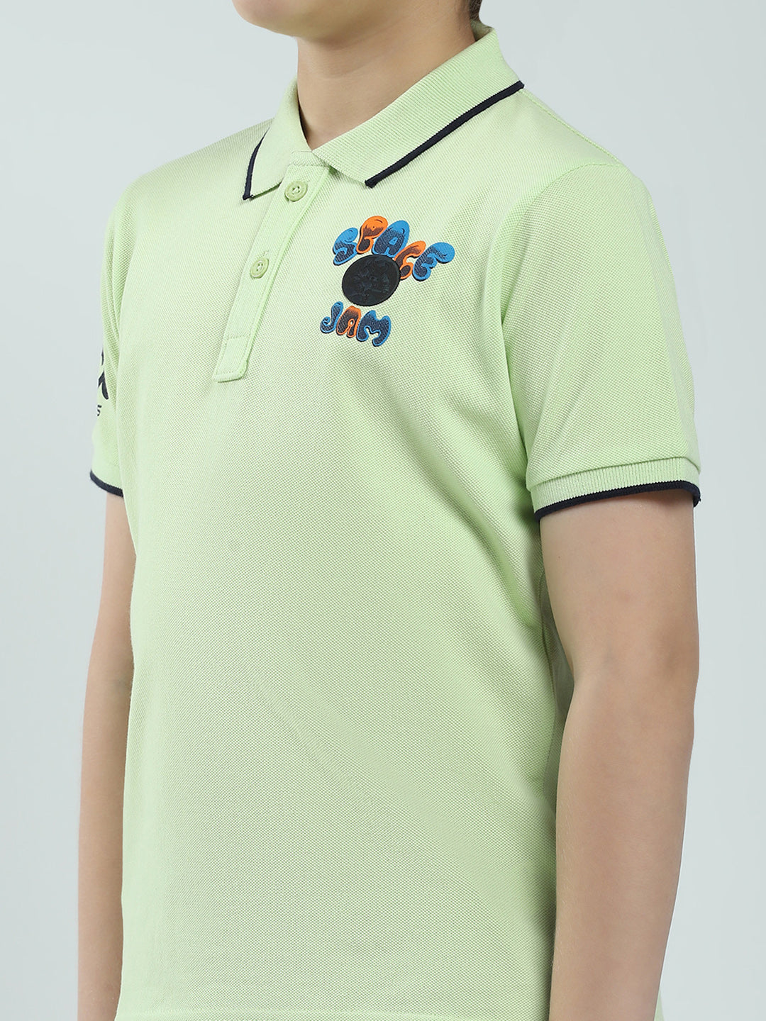 Boys Green Printed Collar Half Sleeve T-Shirt