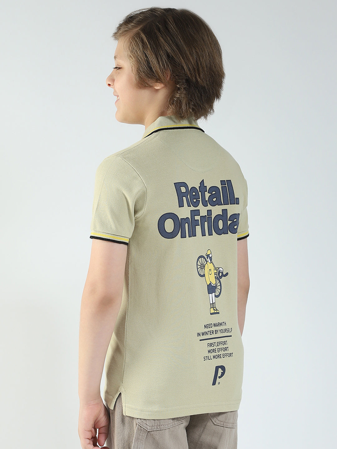 Boys Beige Printed Collar Half Sleeve T-Shirt