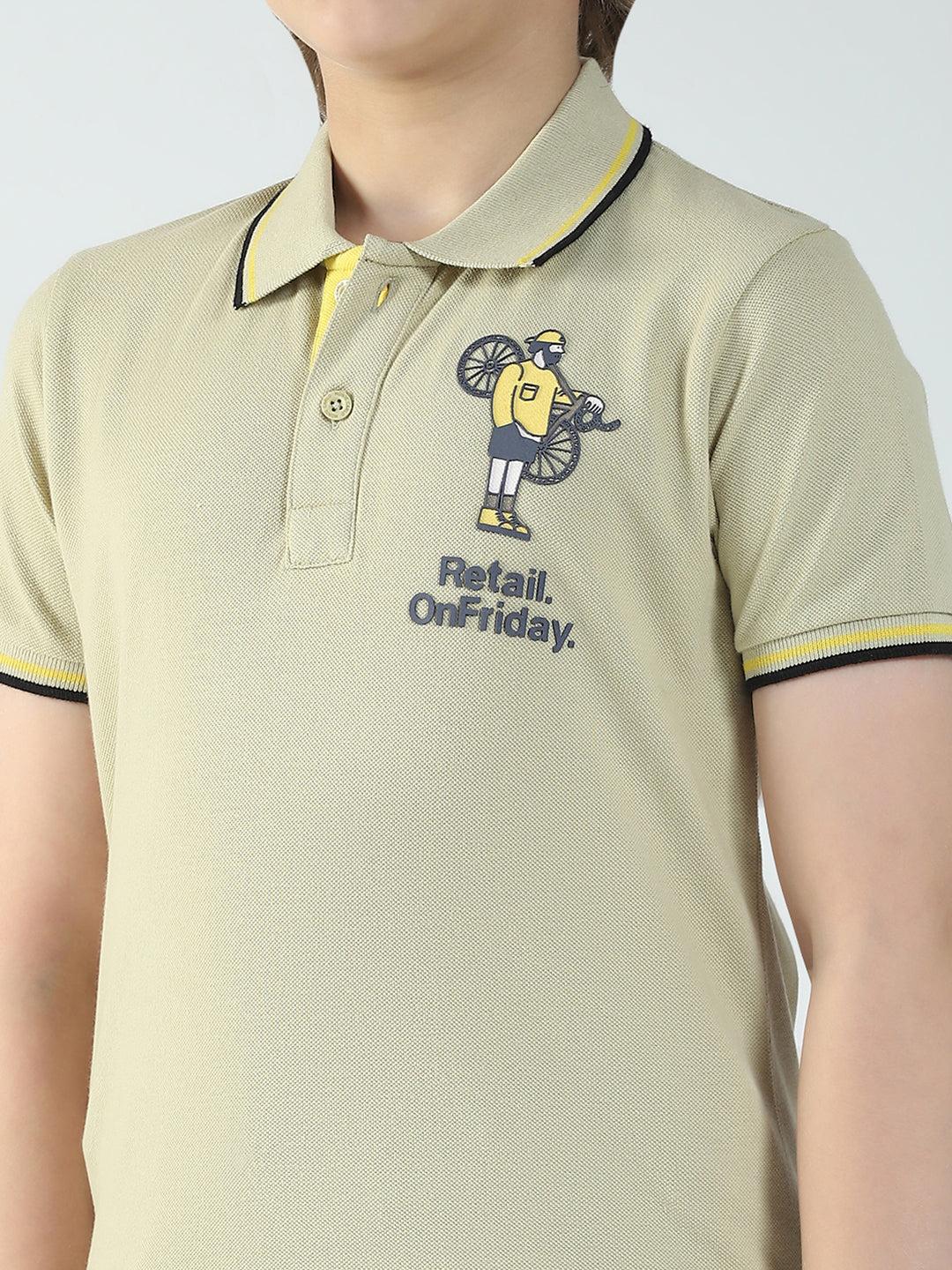 Boys Beige Printed Collar Half Sleeve T-Shirt