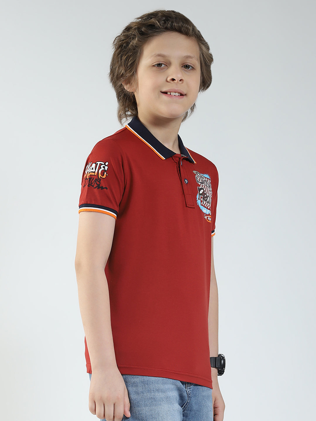 Boys Maroon Printed Collar Half Sleeve T-Shirt