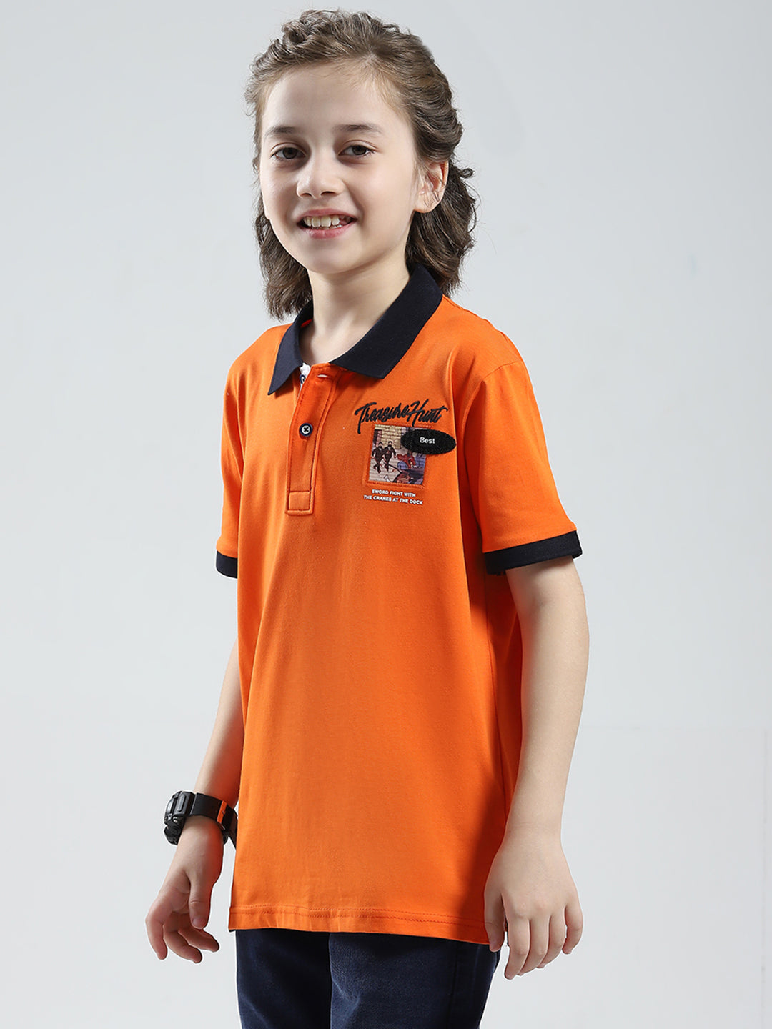Boys Orange Printed Collar Half Sleeve T-Shirt