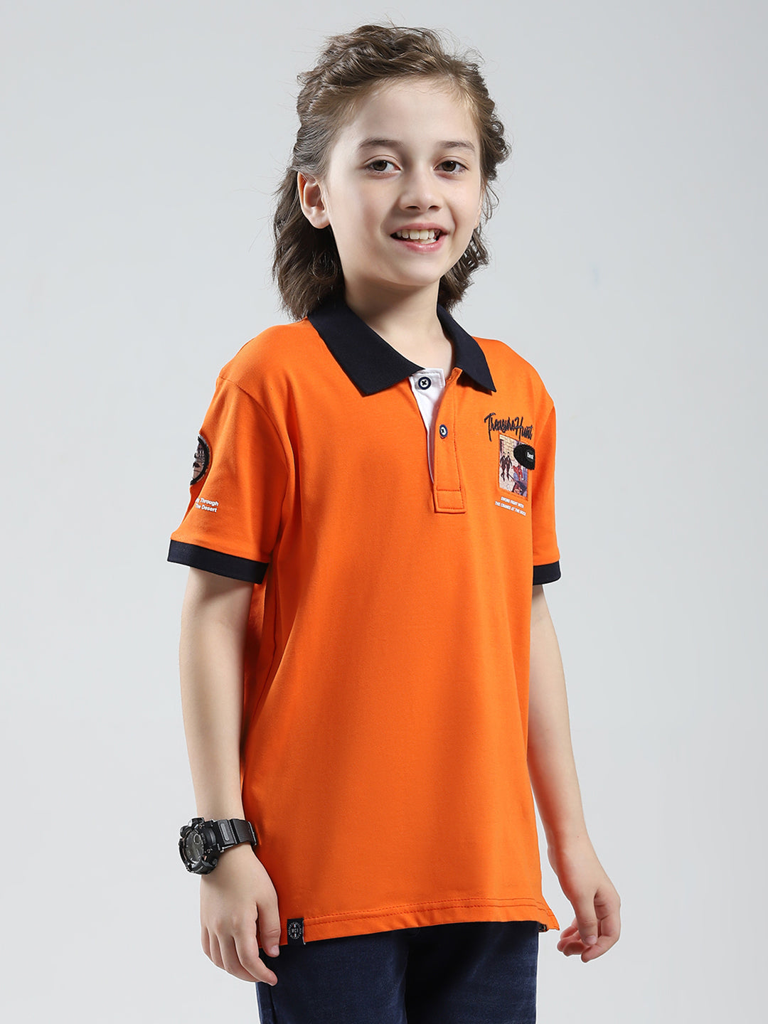 Boys Orange Printed Collar Half Sleeve T-Shirt